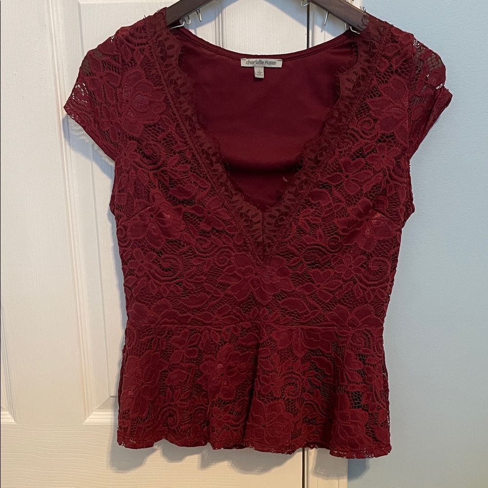 Charlotte Russe Deep Red Lace V-Neck Blouse